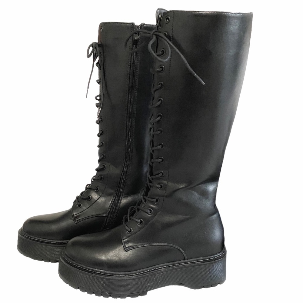 STEVE MADDEN BONNIEE BLACK FAUX LEATHER LACE UP CHUNKY COMBAT MOTO BOOTS - 39
